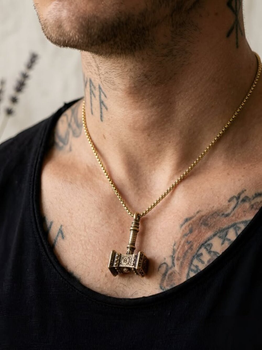 Mjölnir Gold Tone Thor Viking Norse Men's Necklace